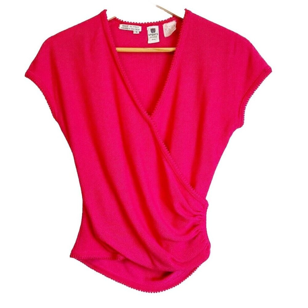 Ungaro Parallele Pink Vintage 70s Knit Faux Wrap Top Blouse Small Casual Feminin